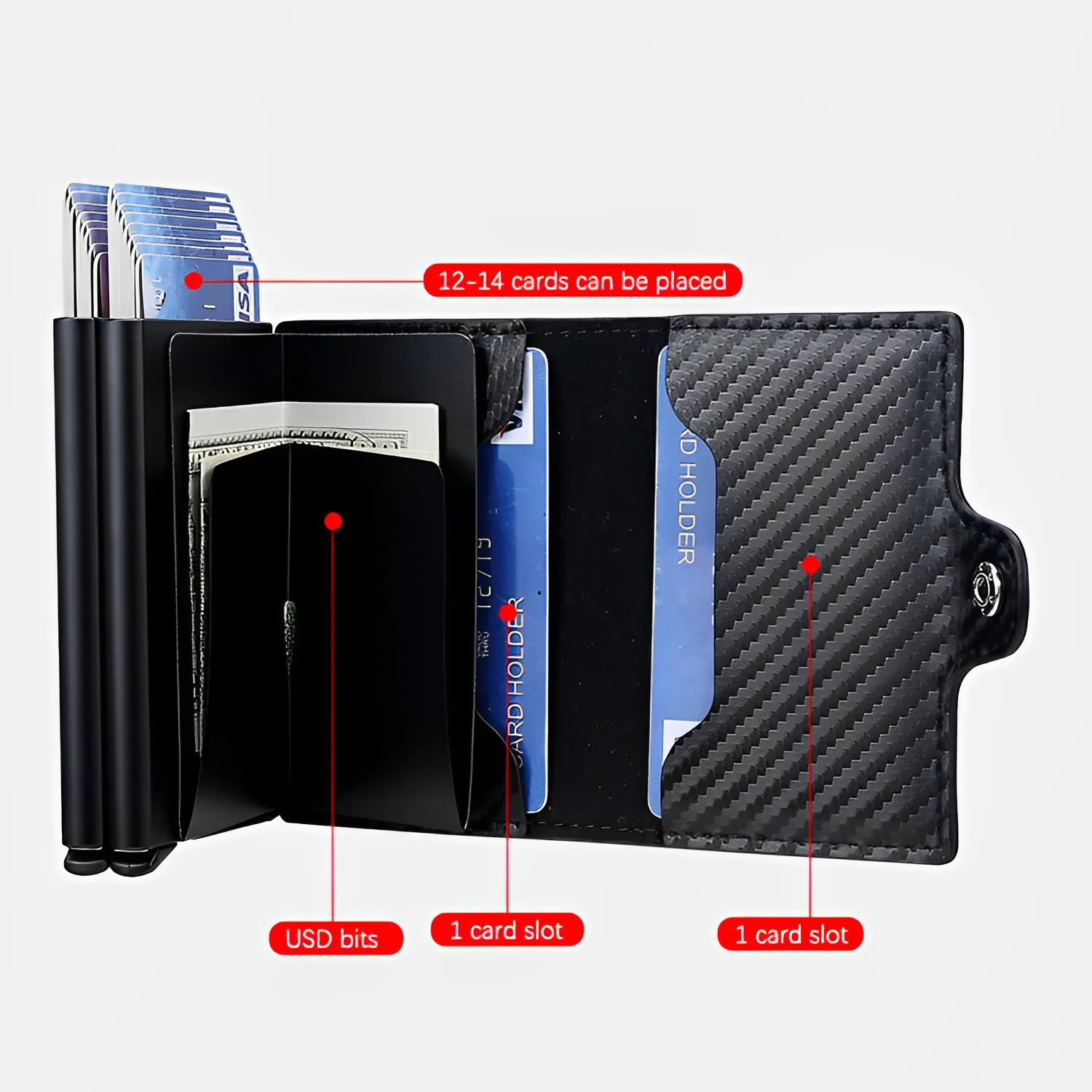 Porta carte antifurto da uomo in fibra di carbonio: blocco RFID, contiene 12 carte, cerniera in metallo e design a doppio strato