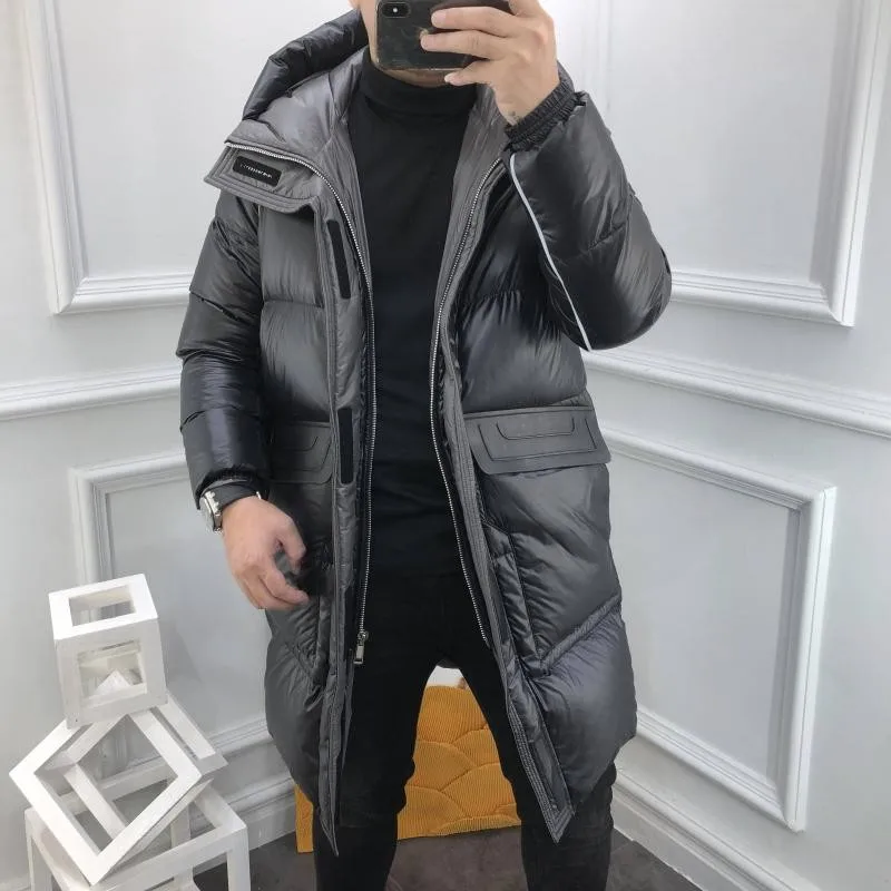 New Winter Mens Thicken Warm Medium Long Hooded Down Coat Stand Collar Zipper Fashion Casual Jacket Male High Street Overcoat