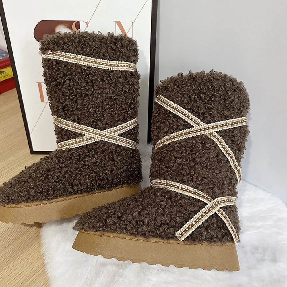 New  Snow Women Boots With Fur Platfrom  Belt Buckle Design Round Toe Mid Calf Shoes Luxury  Winter Warm Causal Boots image 6