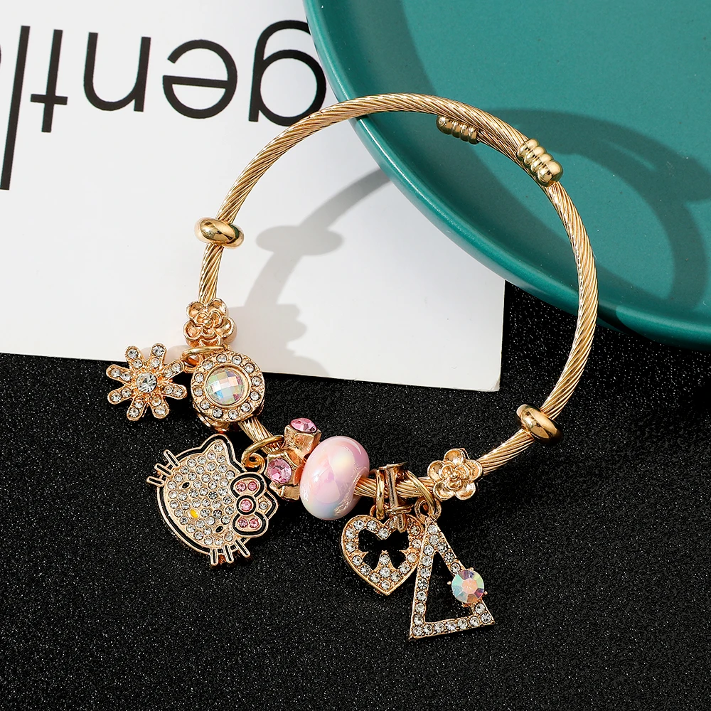 Sanrio anime dos desenhos animados hellokitty pulseira moda diy pingente incrustado moissanite acessórios popular kt gato coração pingente pulseira