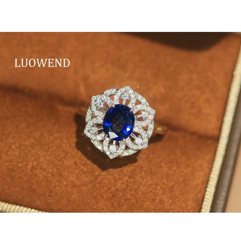 

Кольца LUOWEND из 100% белого золота 18 карат, роскошное кольцо с натуральным сапфиром и бриллиантами, романтическая форма цветка, высокие свадебные украшения для женщин