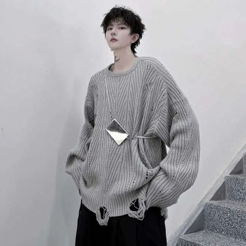 루젠 스웨터 풀오버 2025 루즈핏 솔리드 니트 컬러 홀로우 탑스 개성있는 멋진 트렌디 남성 캐주얼 아우터웨어 JY4682