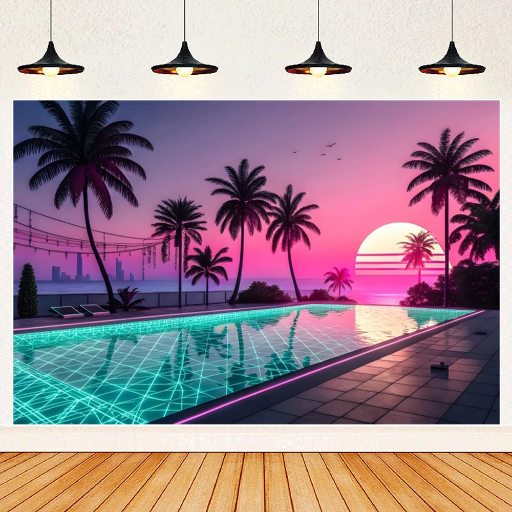 Summer Pool Party Sunset Sfondo Neon Albero di cocco Ruota panoramica Vacanza hawaiana Festa di compleanno Sfondo Photo Booth Puntelli