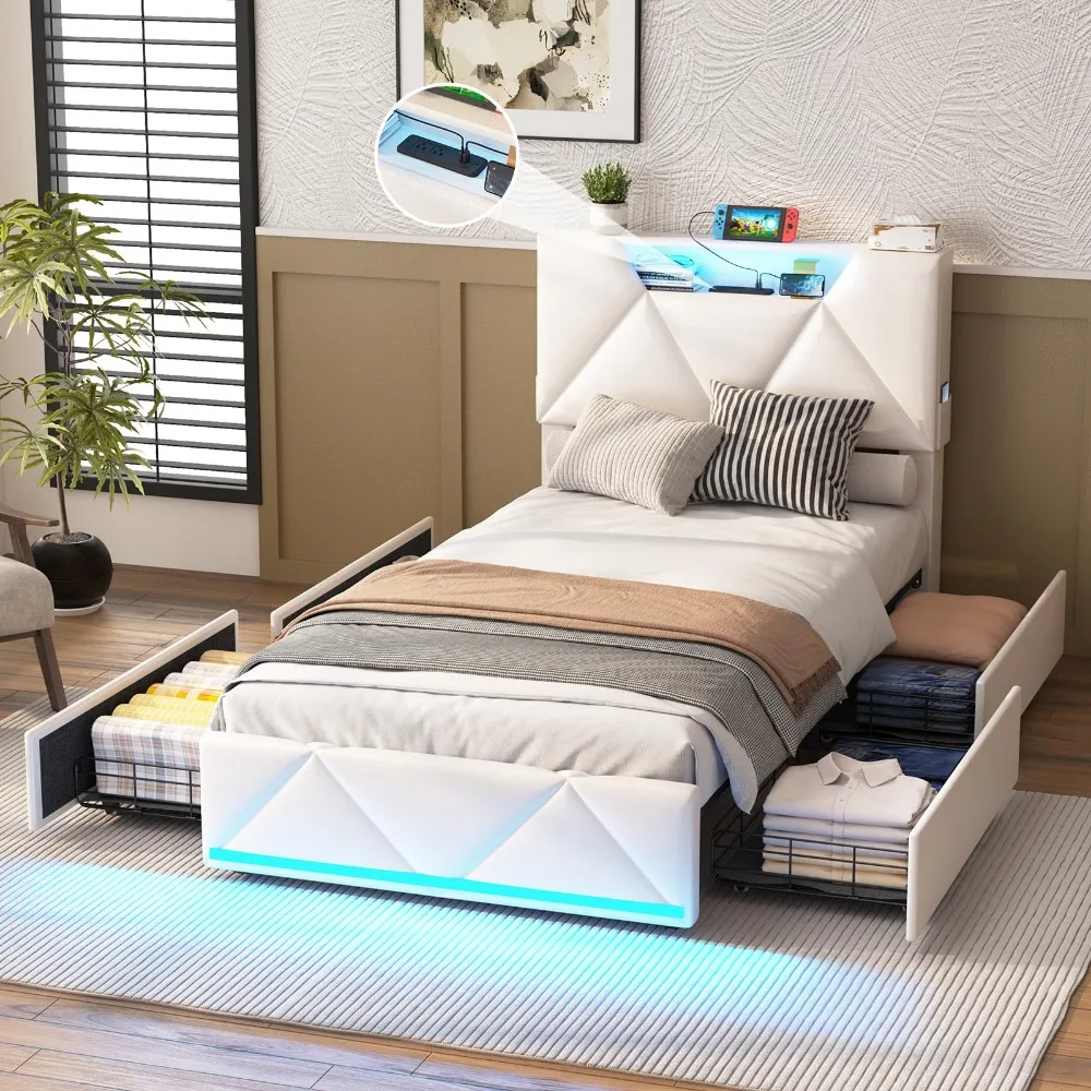 Twin Bed Frame with Storage Headboard and 4 Drawers, Upholstered Platform with Charging Station and Led Lights