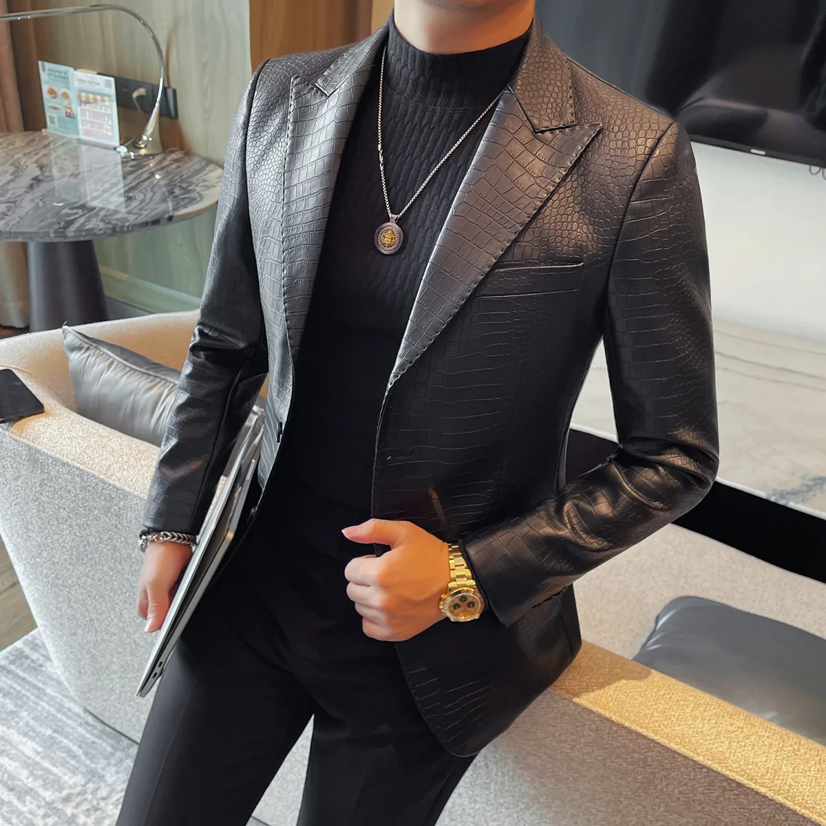 

Текстура крокодиловой кожи, пиджак из искусственной кожи, Homme, корейская роскошная одежда, однобортный мужской пиджак, куртка, приталенный костюм, пальто