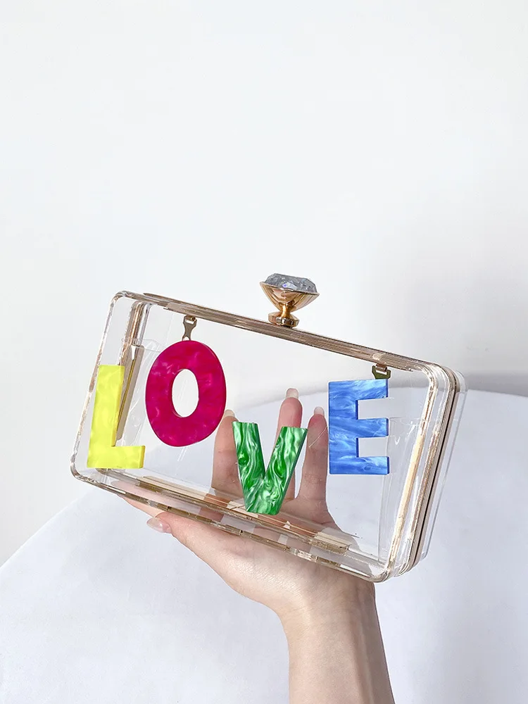 Chic Transparent Acrylic Evening Clutch LOVE Letter Clear Chain Crossbody Women Bags Summer Prom Party  Handbags Casual Purse