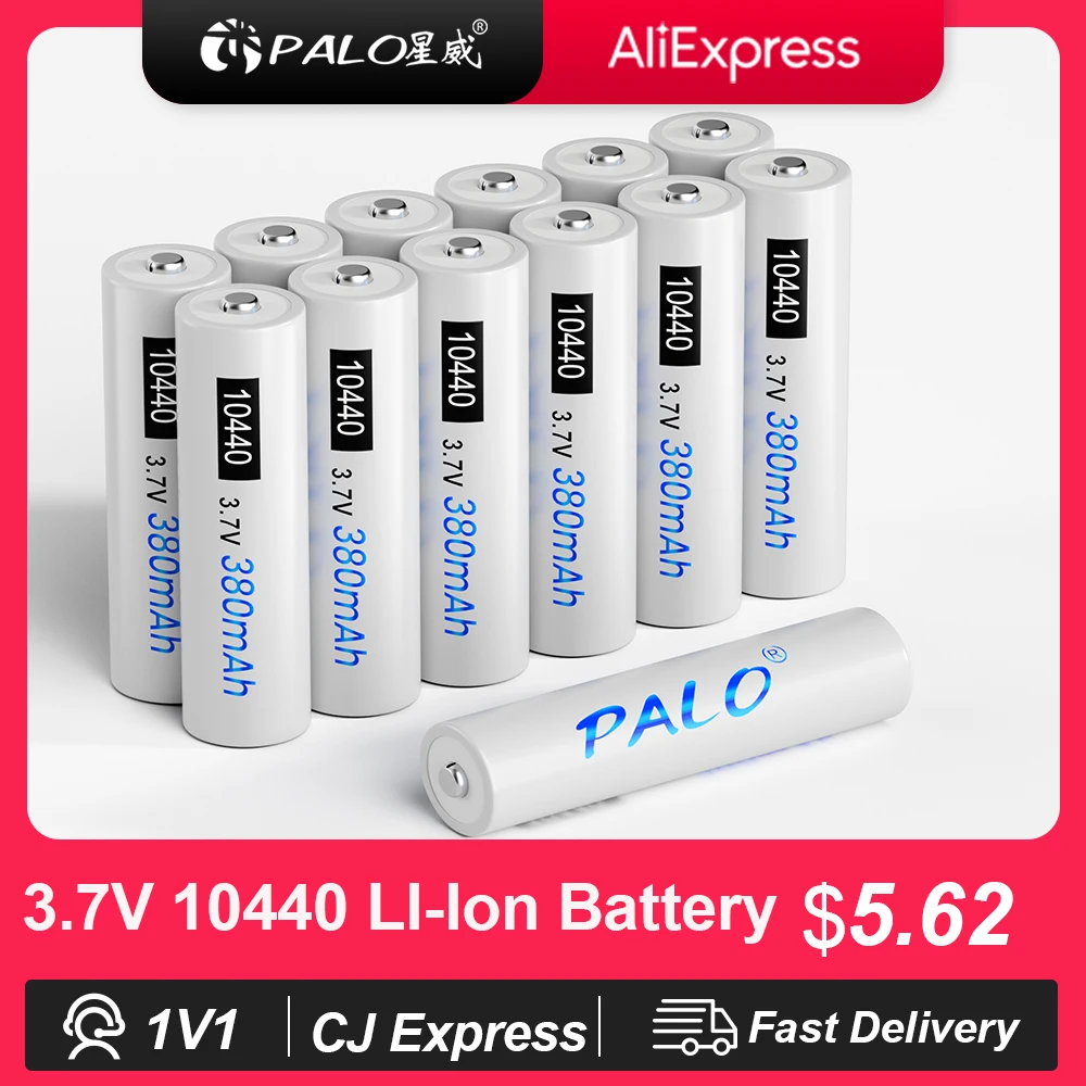 PALO-Batterie Lithium Rechargeable 3.7V 10440, 380mAh, Bouton Top 10440, AAA, articulation ion, avec Étui AAA