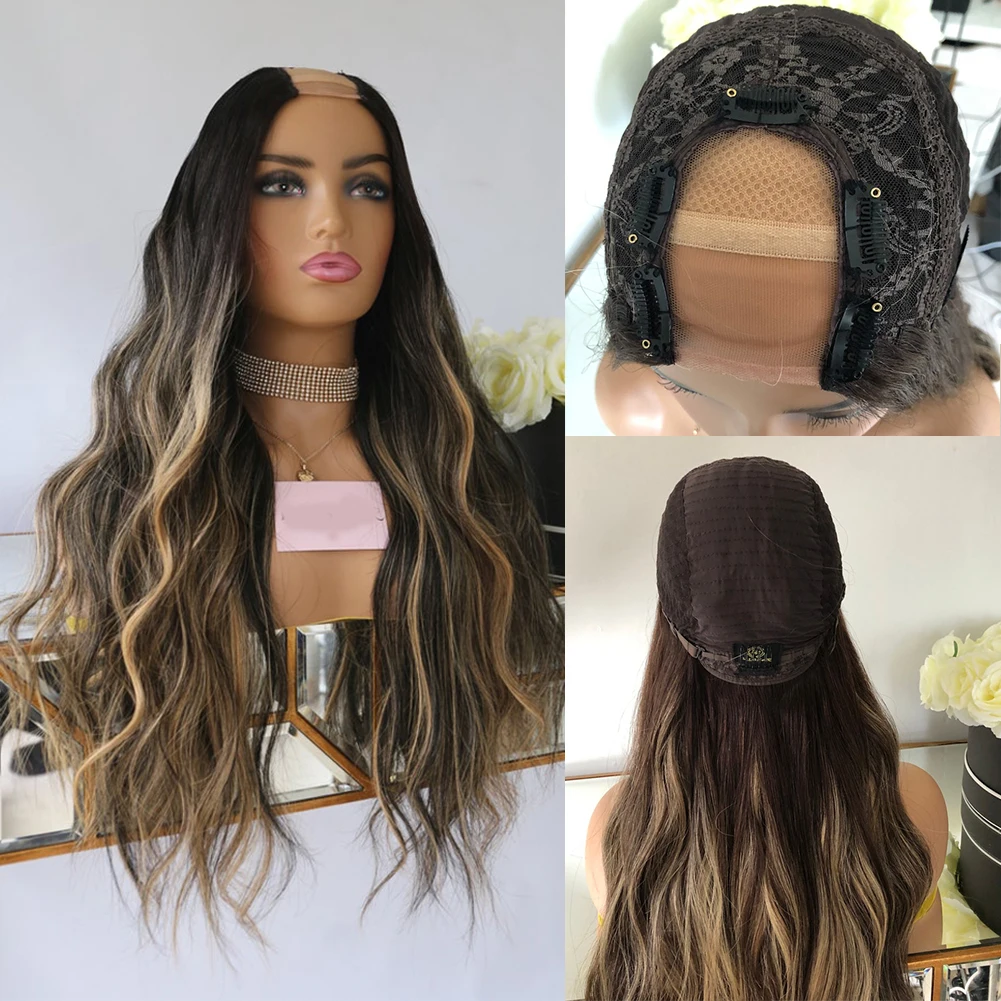 

180/200 U Part Wig for Women 2x4 Opening Black Root Blonde Highlights Lace Front Human Hair Wigs Natural Wave Machine Made