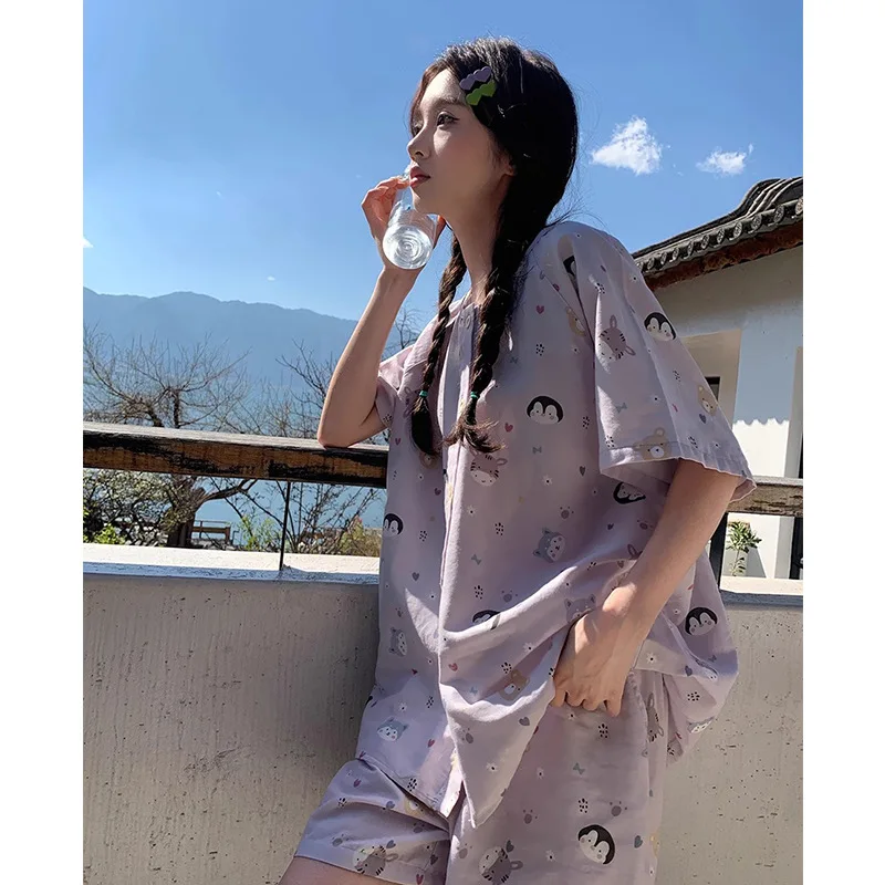 Roze Cartoon Pinguïnprint Pyjama Dames Zomer Katoenen Korte Mouw Shorts Eenvoudige Zoete Loungewear Set