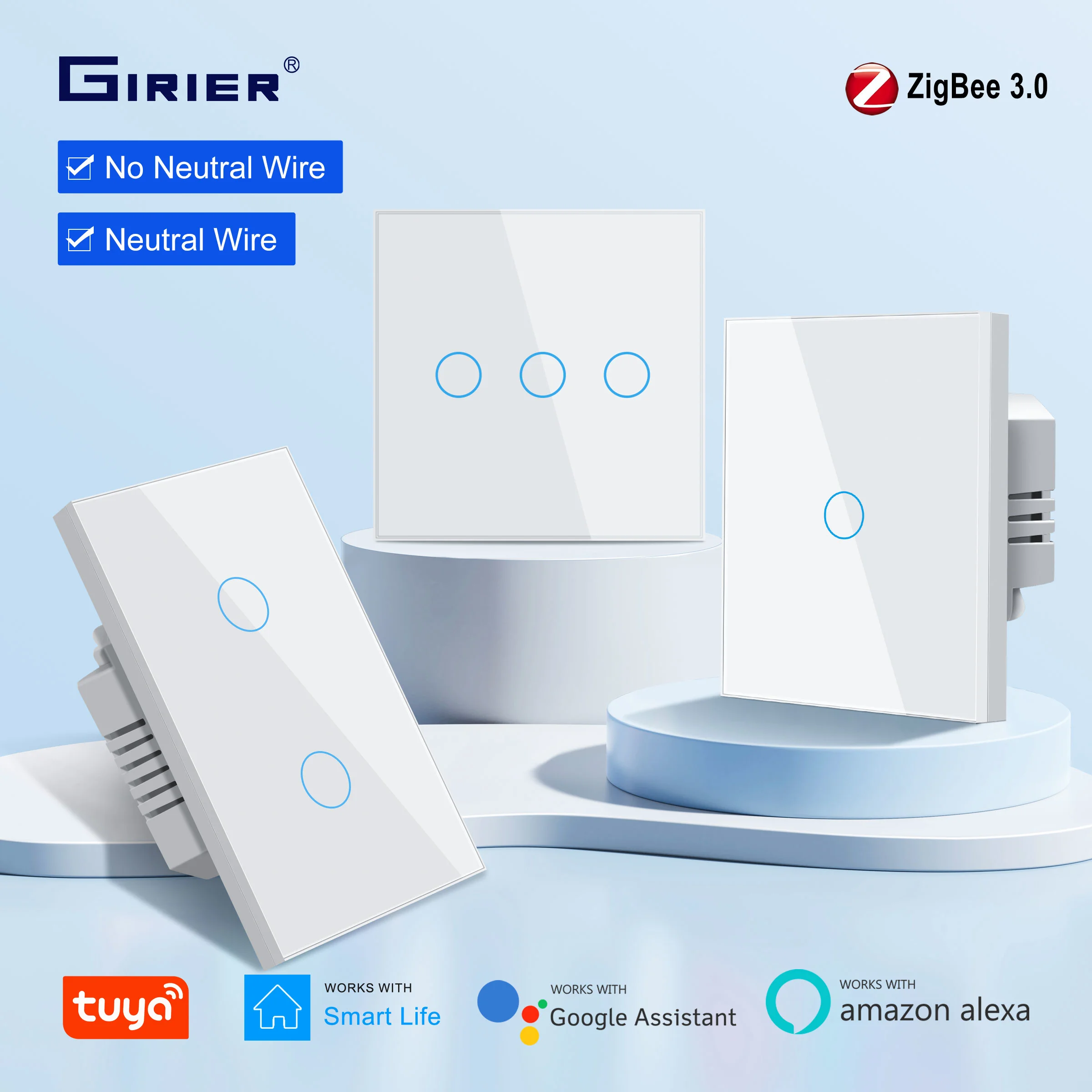 GIRIER Tuya ZigBee Smart Light Switch EU US, Touch Panel Wall Switch 1 2 3 Gang, Works with Alexa Hey Google, Wiring Optional