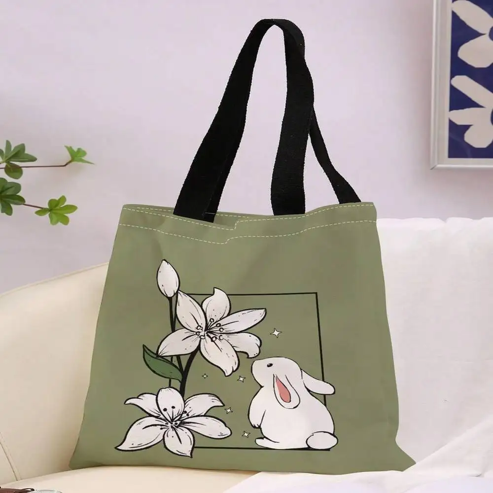 

Портативная складная холщовая сумка большой вместимости — классический повседневный покупатель с кроликом и цветочным узором