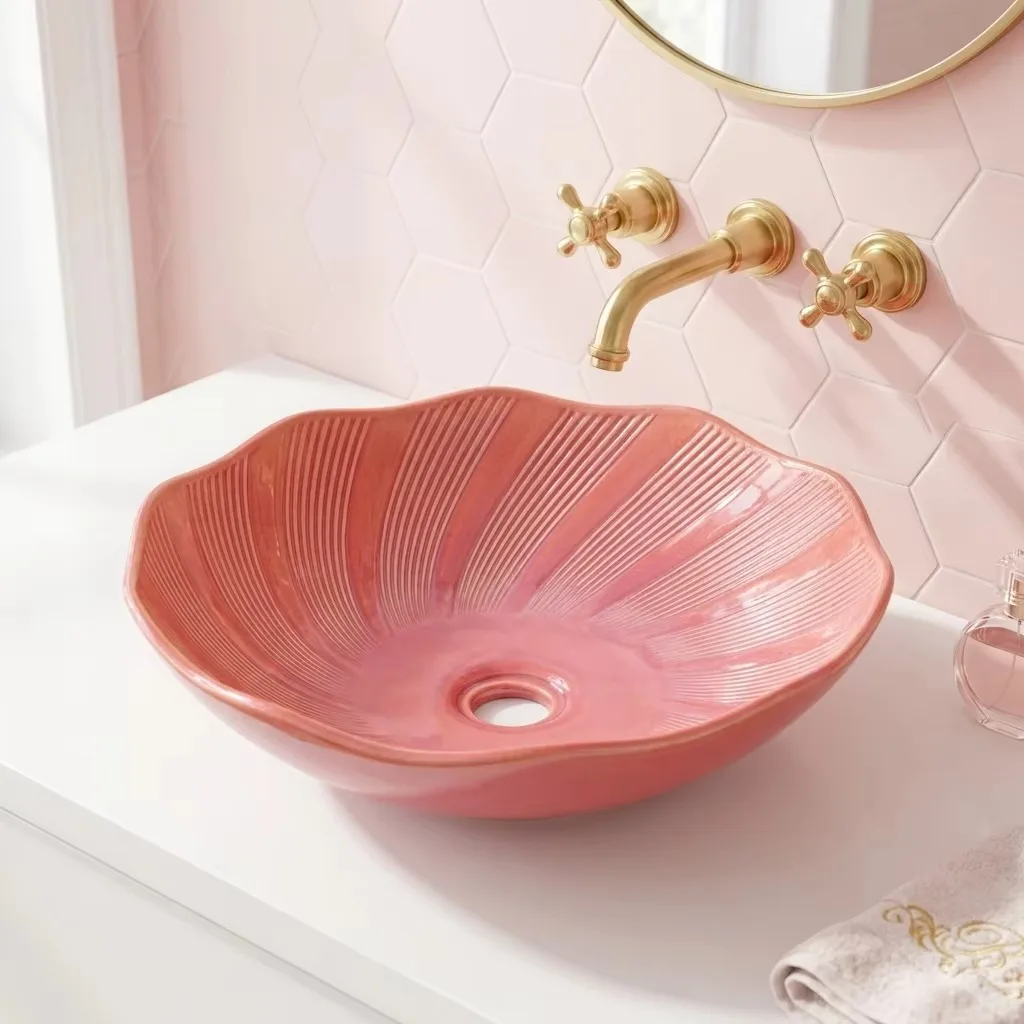 R*# Light Luxury Modern Pink Relief Flower Design Ceramic Countertop Sink for Farmhouse Bathroom