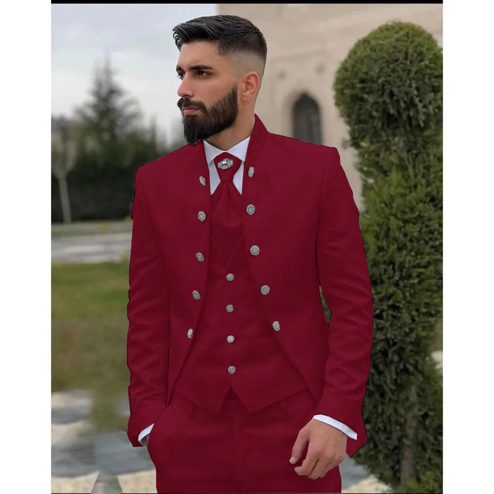 Luxury Black Jacquard Wedding Suits For Men Tuxedos 3 Pieces Male Groom Prom Blazers Sets Stand Collar Costume Homme Marrige