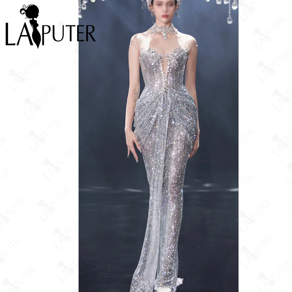 

Glitter Silver Mermaid Evening Dresses Illusion Top Crytals BeadDraped Grid Sequin Celebrity Dress Ruched Hips Woman Formal Gown
