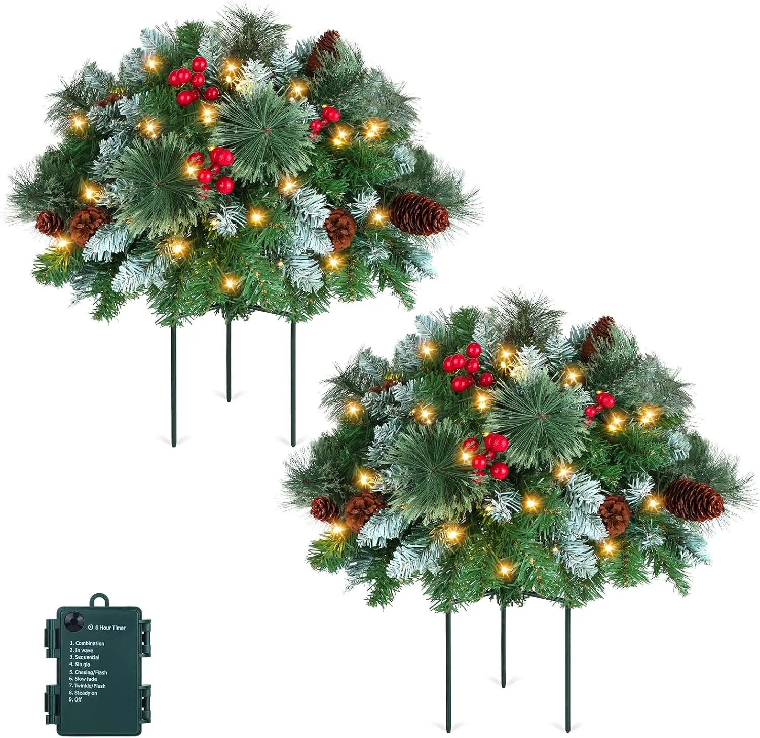 

2 Pack Lighted Artificial Christmas Tree Urn Filler with 50 LED Lights, Weatherproof Outdoor Decor