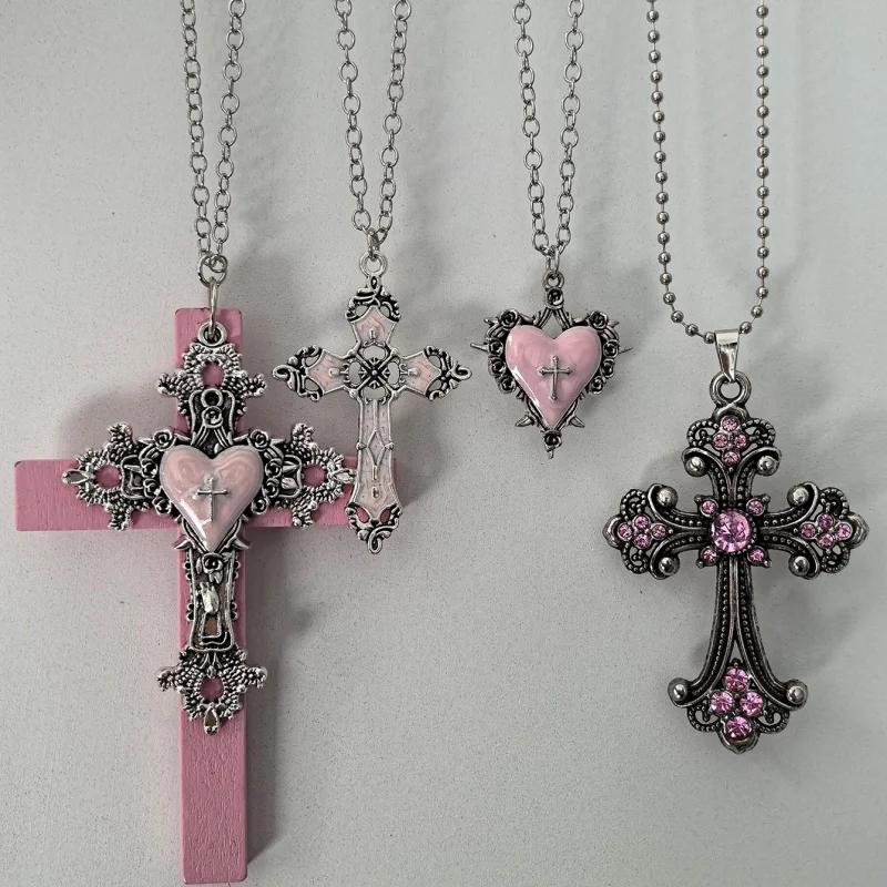 4-teiliges Gothic Rosa Kreuz-Herz-Anhänger-Halsketten-Set mit Rosa Diamanten, Mehrlagiger Ästhetischer Schmuck für Damen – Detail 3