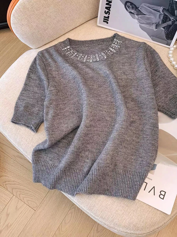 [oein] Heavy Industry Spring/Summer MIU Tie Up Diamond Sweater Short Sleeve Mohair Knitted Sweater Trendy