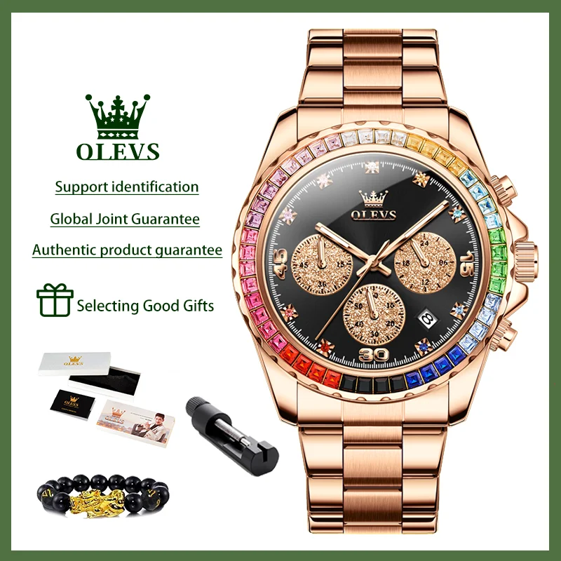 OLEVS New Fashion Luxury Men's Watches Brand Rainbow Diamond Ring Skeleton Quartz Watch Waterproof Temperamental Male Wristwatch