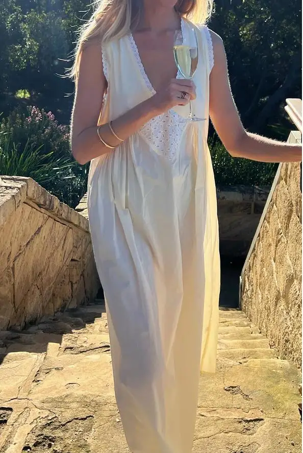 Women Comfortable Casual Vintage Cotton Robe Dress Summer Solid Color V Neck Pullover Sleeveless Gown Hot Sale S M L