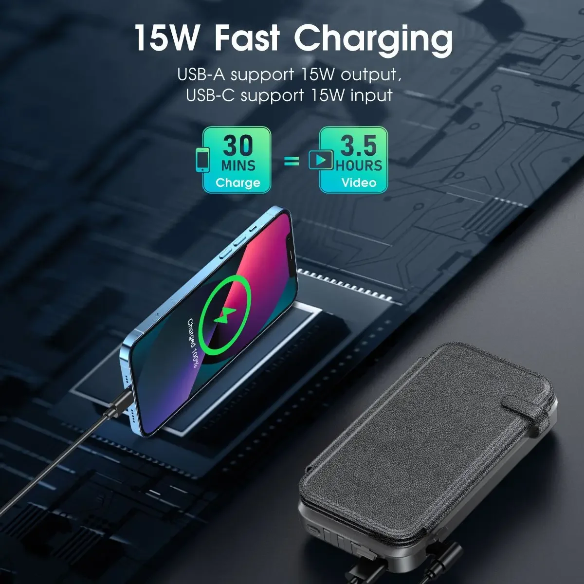 Banco de energia solar sem fio, bateria externa portátil, carregamento rápido, built-in 4 cabo, PD 20W, 43800mAh, ao ar livre