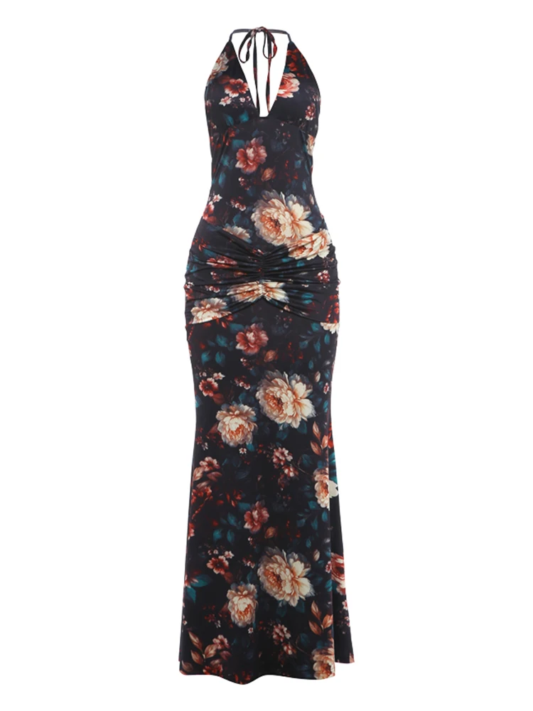 Weird Puss Sexy Rückenfreies Langes Kleid für Damen mit Blumenmuster, Schnürung, Neckholder, Tiefer Ausschnitt, Ärmellos, Mitternachts-Abendkleid, Elegantes Vestido – Detail 2