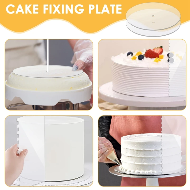 Acrylic Round Cake Disk Set - Cake Discs Circle Base Boards with Center Hole - 2 Comb Scrapers (4 Patterns) & Dowel Rod-A79M
