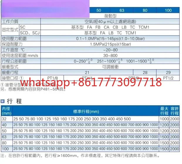 الأسطوانة القياسية الأصلية SC50 * 10/20/25/30/40/50/60/75-S-H-TC