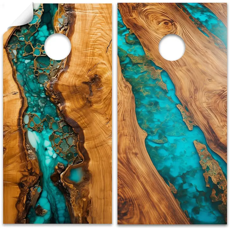 Ensemble de 2 décalcomanies à trous de maïs, autocollant de couverture en vinyle professionnel, bord rond en bois turquoise, plus de modèles au choix