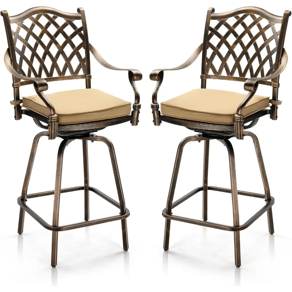 屋外回転バースツール2脚セット、鋳造アルミニウム全天候型パティオバーハイトチェア、パティオバーダイニングチェア屋外回転P