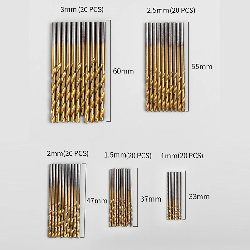 100Pcs High-Speed-Stahl Titan-Überzogene Spiralbohrer 1-3Mm Bohrer Holzbearbeitung Loch Werkzeug Set bohrer Werkzeug Set Langlebig Einfache Installation