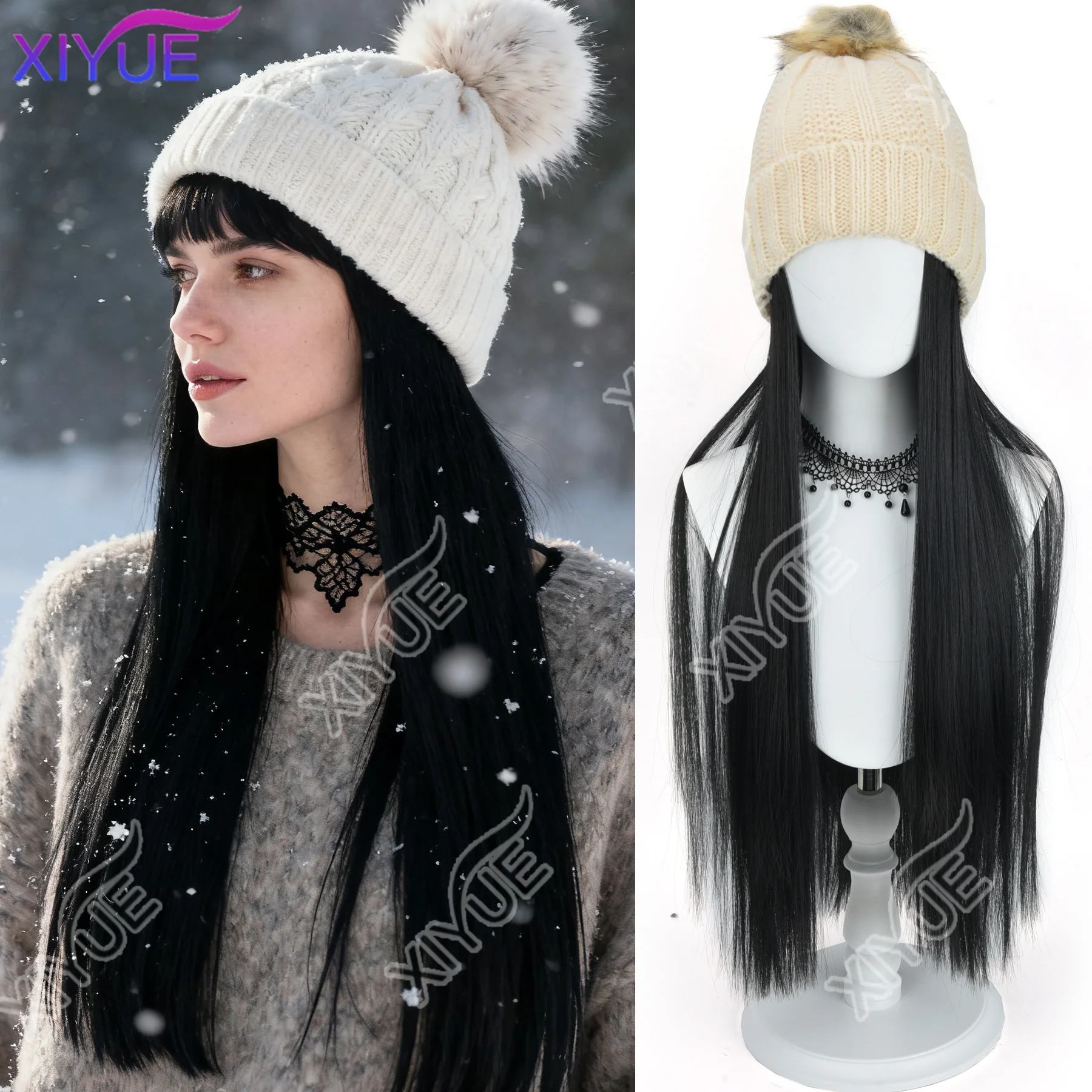 

XY Off White Hat Парик Шапка Шапка С Волосами Парики Для Женщин Синтетические длинные прямые волосы Теплая лыжная плюшевая вязаная осенне-зимняя шапка