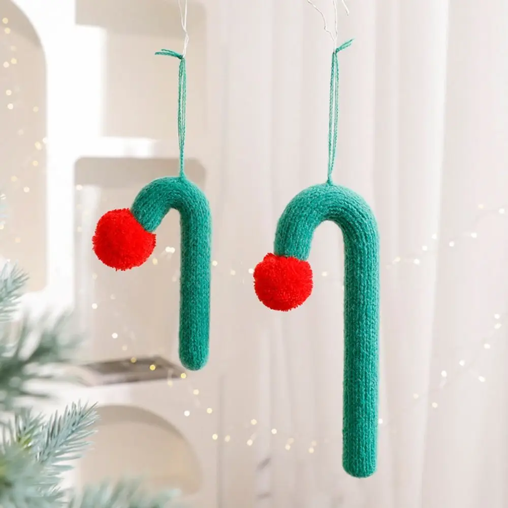 Knitted Plush Christmas Cane Candy Red Green Handmade Hanging Candy Cane Ornaments Cartoon Christmas Walking Stick Candy