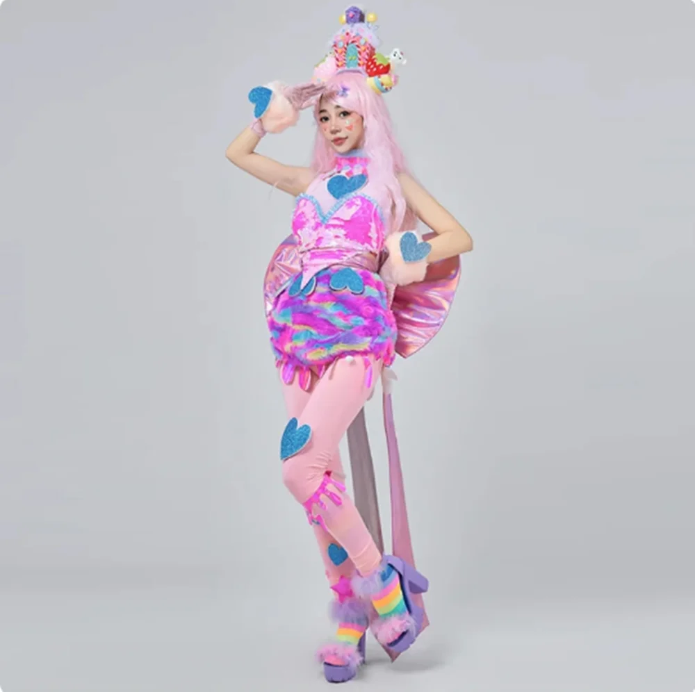 Snoep Kleur Gogo Danser Prestaties Slijtage Vrouwen Mooie Jazz Dans Kleding Pailletten Tops Pluche Rok Hoofddeksels Carnaval Pak