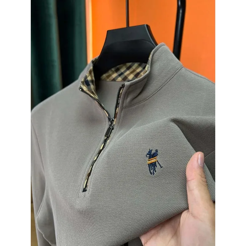 100% Cotton Autumn Men\'s Brand Embroidered Fashion Lapel Polo Shirt Business Long-sleeve Casual Solid Color Zipper Design Top