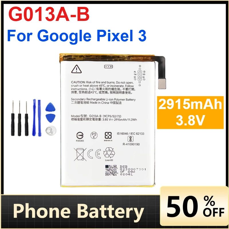 G013A-B 2915mAh 3.8V Replacement Battery for Google Pixel 3  Pixel3 Mobile Phone Lithium Battery +Tools