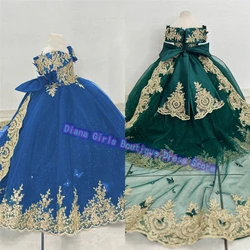 Gorgeous Quality Green Flower Girl Dress Tulle Fluffy Gold Appliques Little Girls Birthday Party Evening Gowns Customized Gown