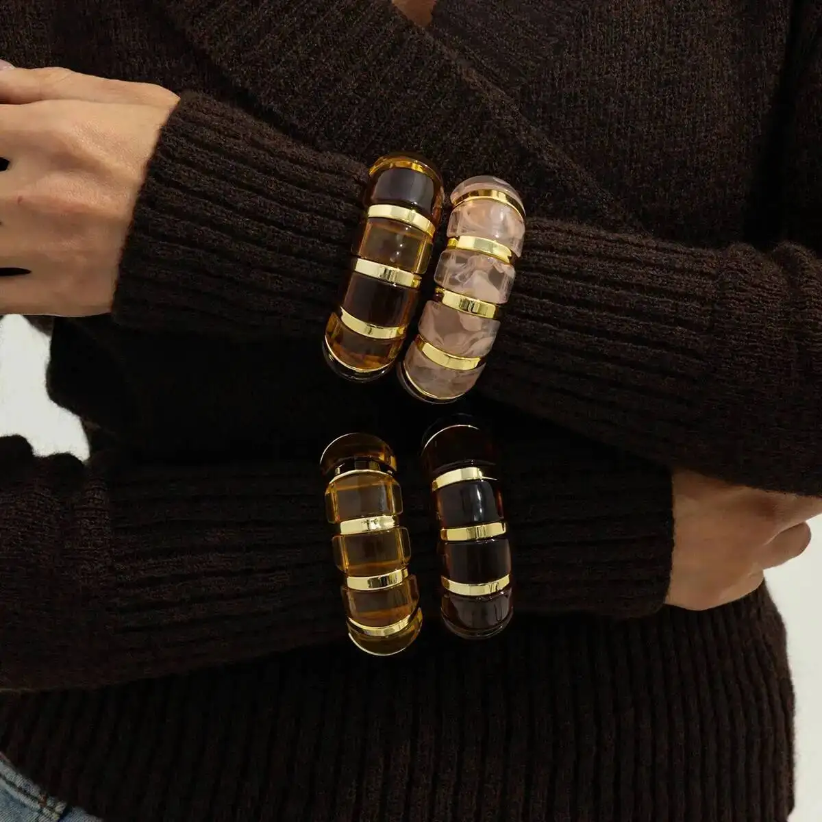 

Lacteo 6 Styles Vintage Punk Acrylic Amber Elastic Geometric Bracelet Women Creative Stackable Resin Splice Cuff Bangle Jewelry