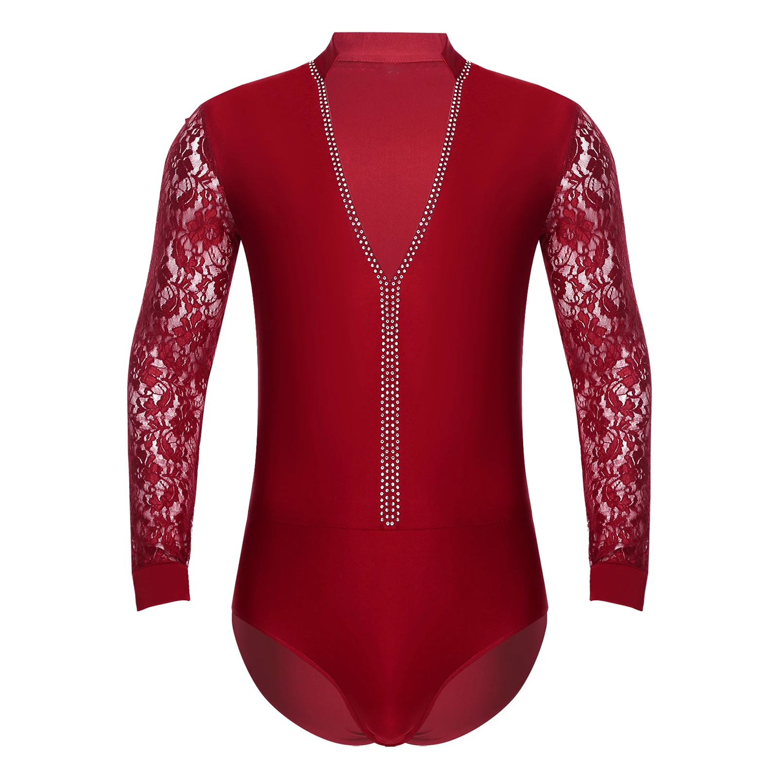 Mens Sparkling Rhinestones Tango Latin Leotard Costume Ballroom Dance Performance Bodysuit Floral Lace Long Sleeve Jumpsuits