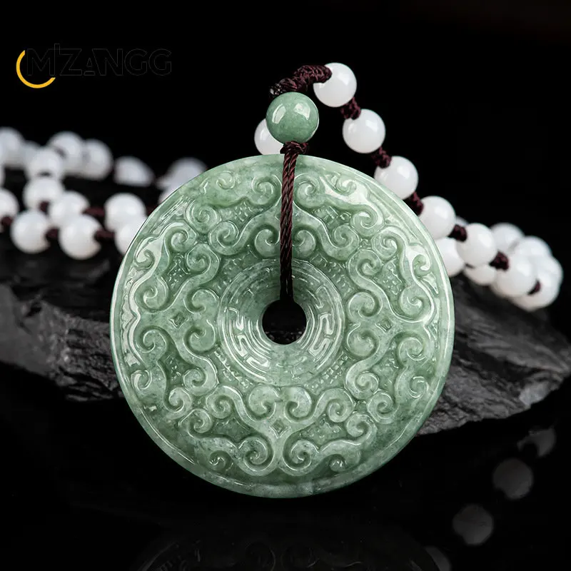 Authentic Natural A Goods Jadeite Bean Green Antique Ruyi Pattern Peace Buckle Jade Pendant Men\'s Pendant Women\'s Necklace