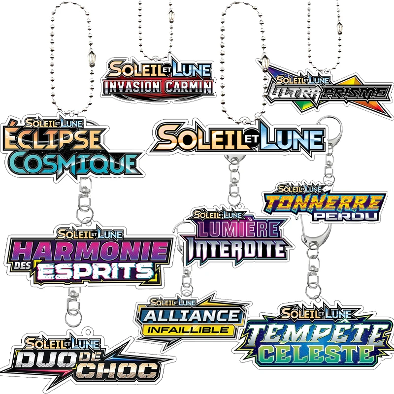 Llavero acrílico de la serie TCG del monstruo de bolsillo francés Soleil Et Lune, logotipo de Ptcg, llavero de tarjeta de colección de juegos, colgante, regalos para niños