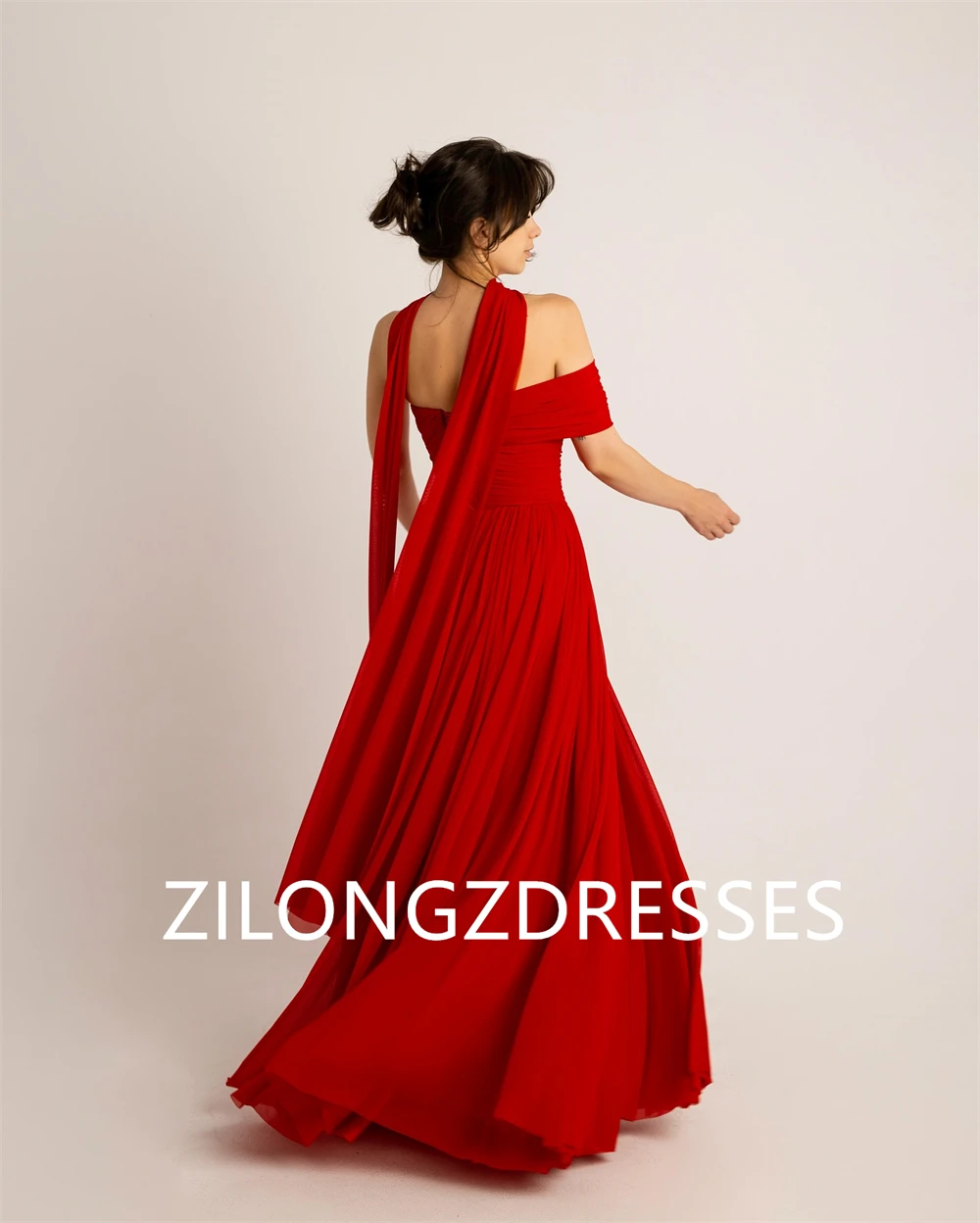 

Customized Red Chiffon Evening Dress Exquisite Off the Shoulder Homecoming Dresses Fashion Sweep Train Special Occasion Gowns