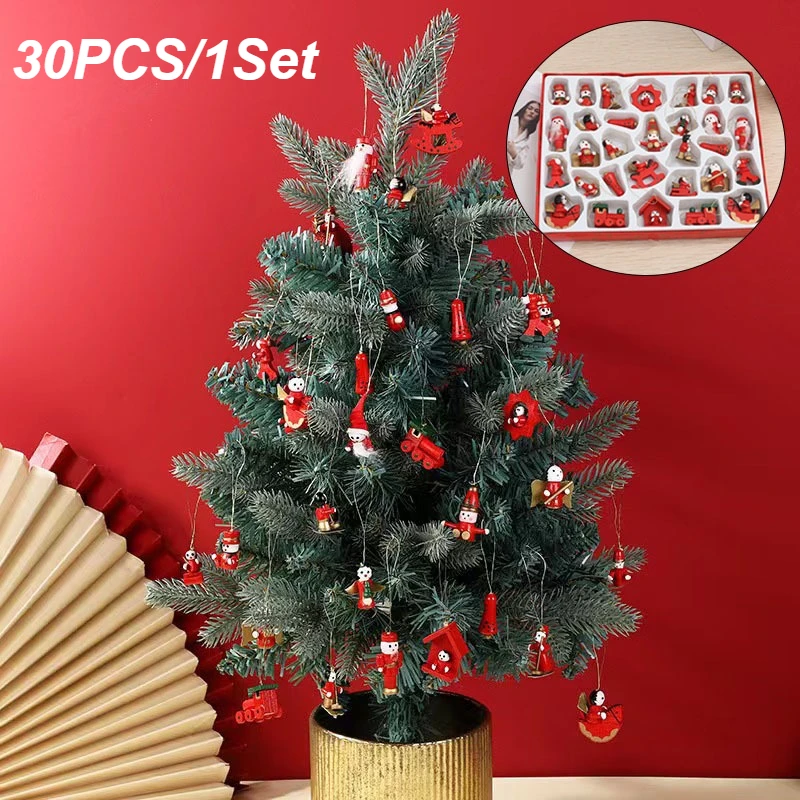 

30pcs/box Christmas Tree Decor Wooden Cartoon Pendants Elderly Puppet Dolls Colorful Box Gifts Modern Simple Create Atmosphere