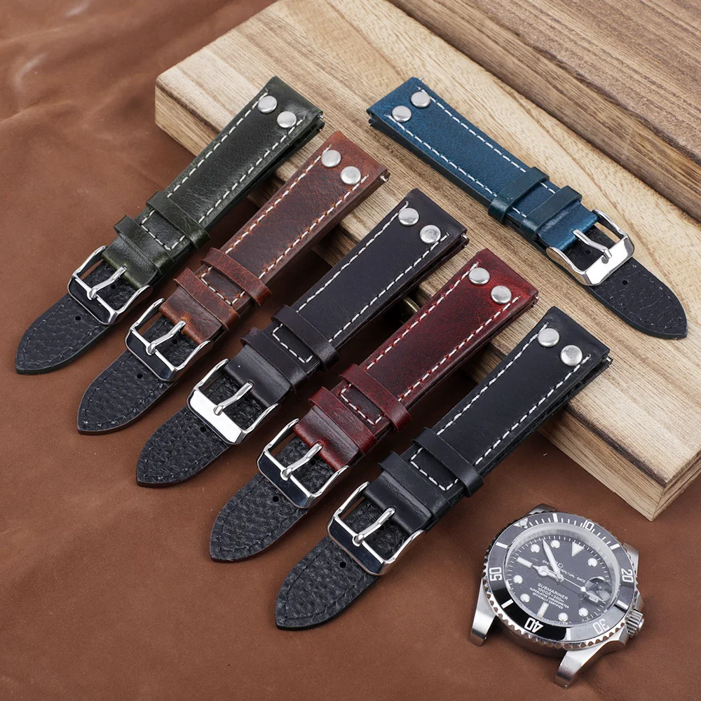 Vintage Genuine Leather Watchbands Rivet Leather Watch Strap 18mm 20mm 22mm Men Women Bracelet Wristband Cowhide Watch Band