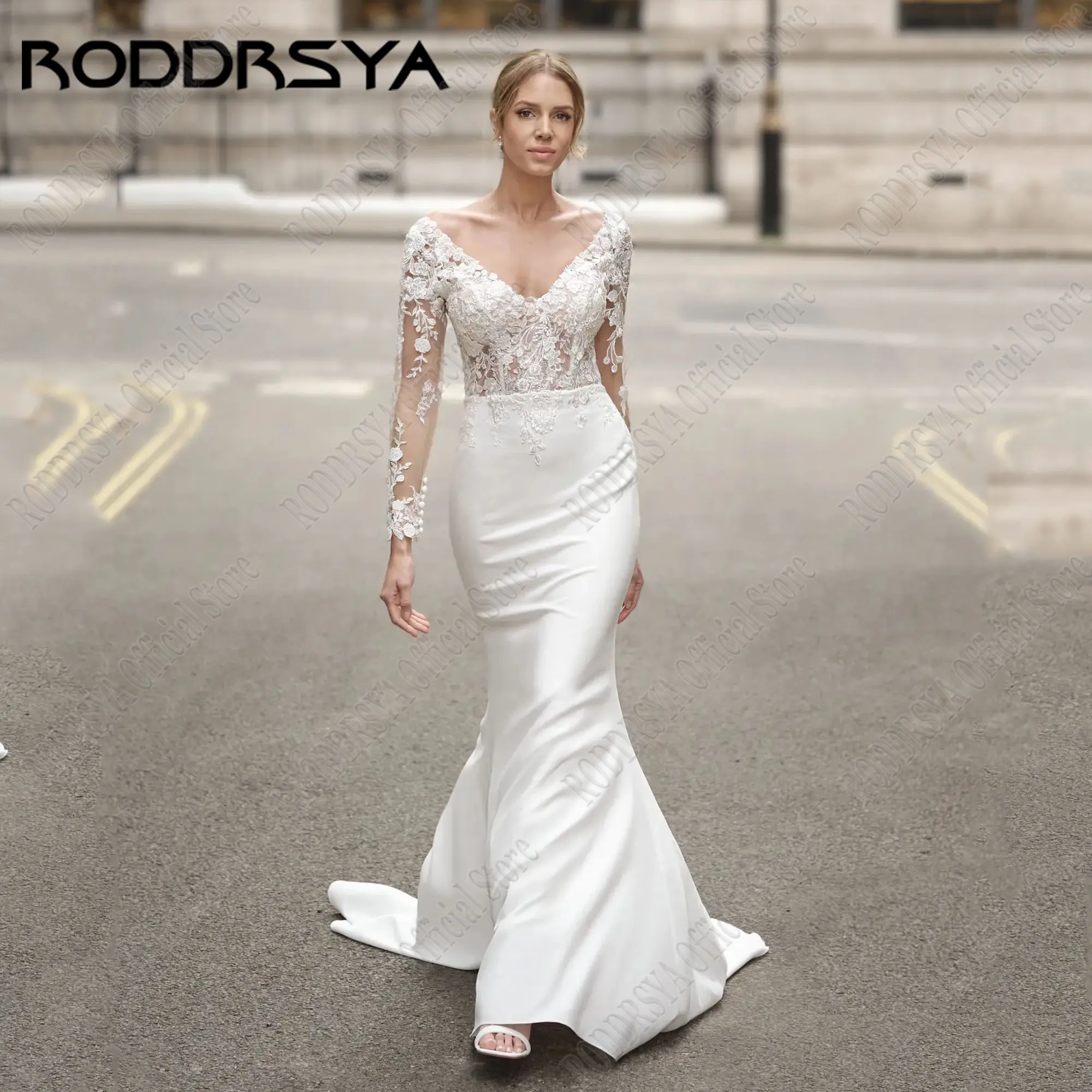 RODDRSYA Sereia Vestidos De Noiva Para Mulher Luxo V-Neck Mangas Compridas Backless Sexy Robe De Mariée Vestido De Noiva Appuque SatinRODRSYA Sereia Vestidos de Casamento Para Mulher Luxo V-Neck Mangas Longas Backless