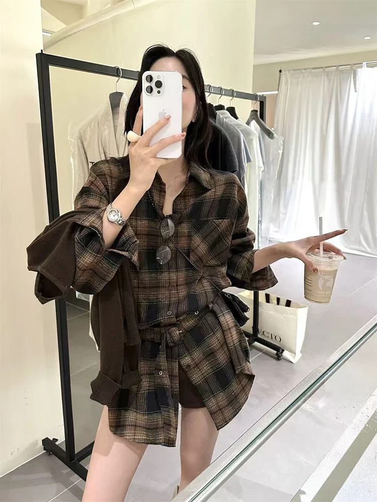 

Korean Fashion Vintage with Belt Plaid Shirt Women Spring New Loose Single Breasted Casual Female Blouse Harajuku Streetwear