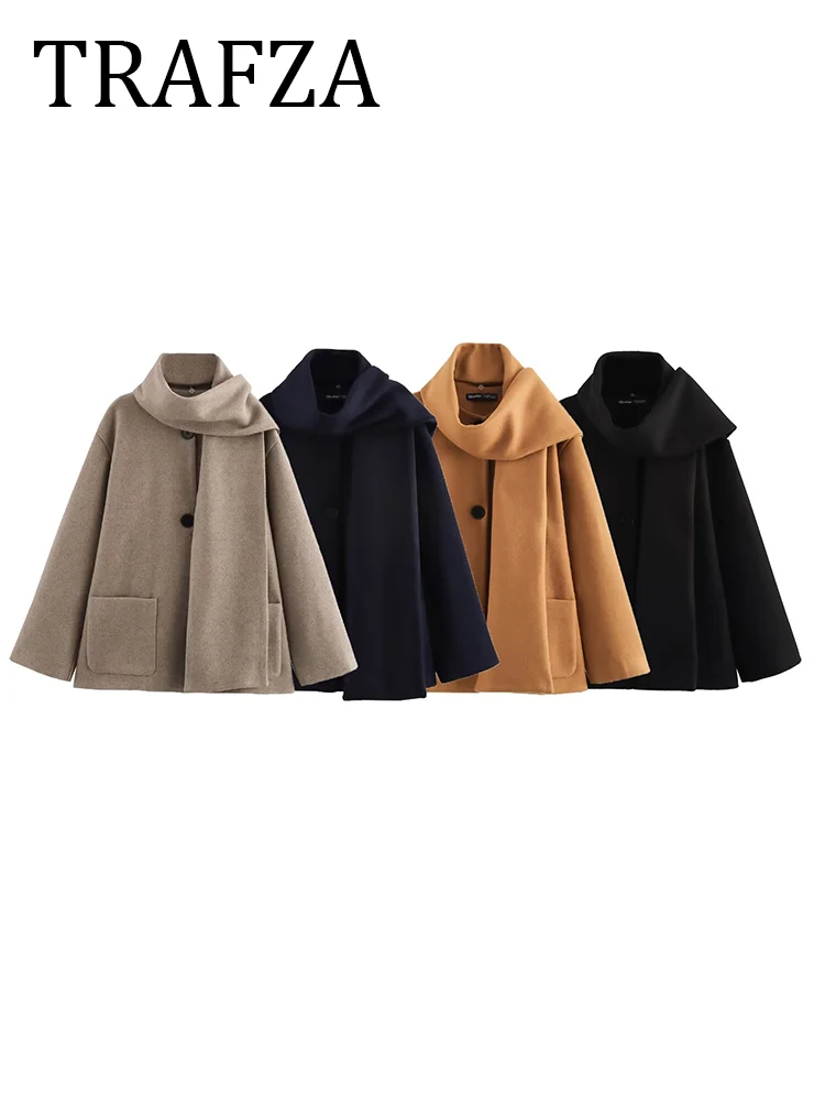 

TRAFZA Women With Scarf Coat Solid Long Sleeve Casual Jackets Single Breasted Warm For Women 2025 New Chic Spring Outerwears