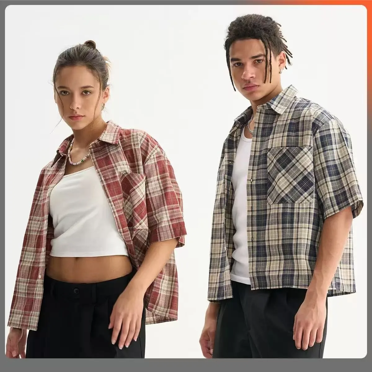 

Men's Fashion Boxy Fit Checkered Short Sleeve Shirt 100% Cotton Oversized Casual Slim Fit Vintage Plaid Shirt Summer Couple Tops