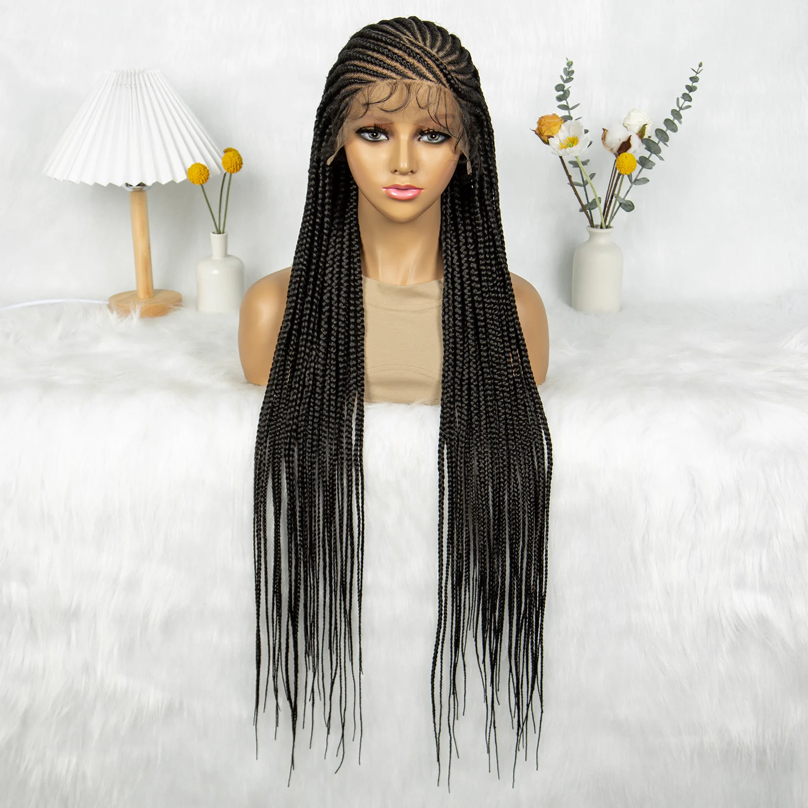 Synthetic Braided Wig HD Transparent Full Lace Braided Cornrow Box Braids Hair Wig Knotless Box Braids Wig