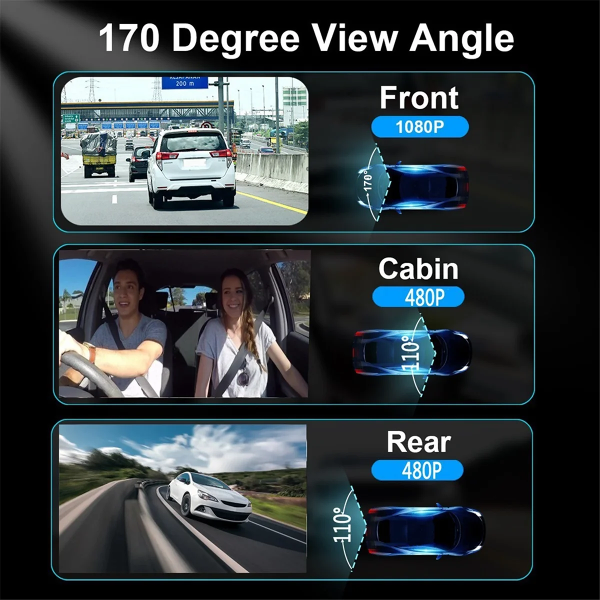 كاميرا داش جديدة ذات 3 قنوات للسيارة، كاميرا سيارة عالية الدقة 1080 بكسل خلفية، رؤية ليلية، 170 ° زاوية واسعة، تسجيل حلقة