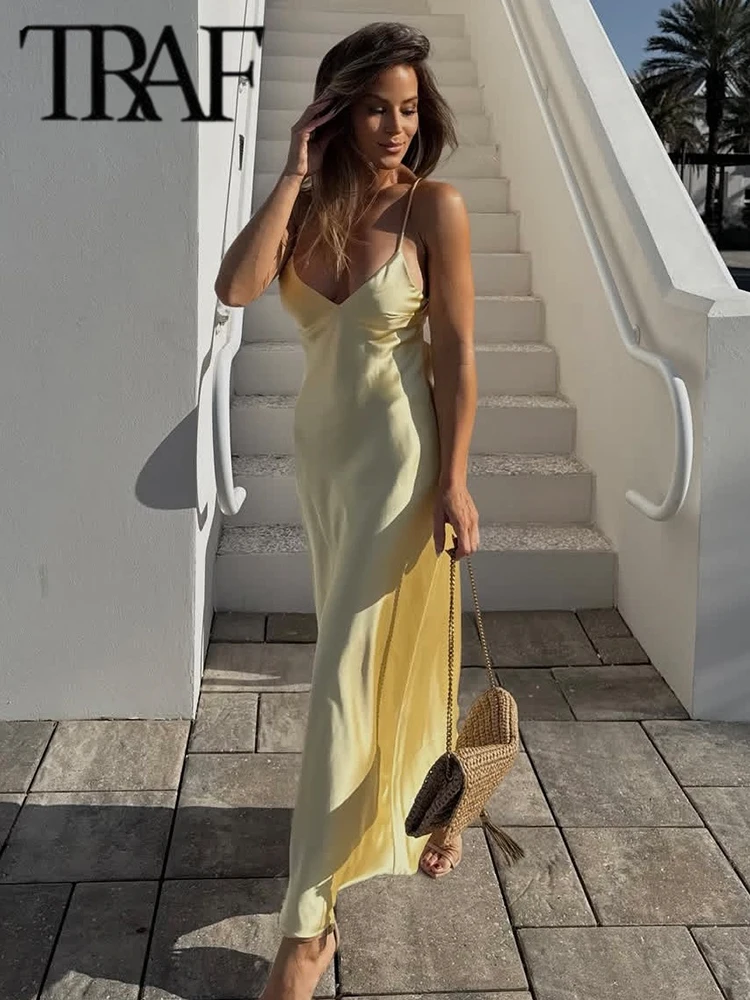 TRAF エレガントなサテンイエローの女性のロングドレスファッションノースリーブ背中の開いたセクシーなスリムミディドレス夏の女性のホリデードレス 2025